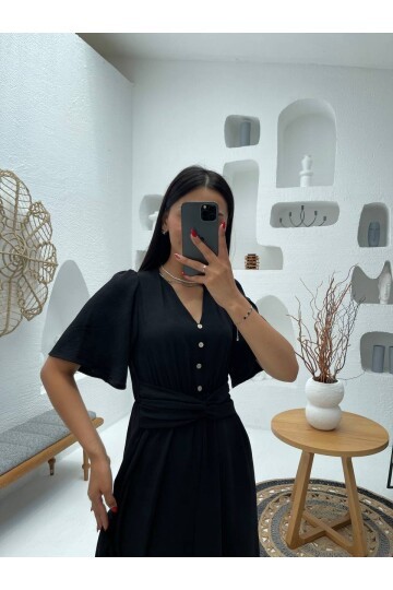 3484-SİYAH V YAKA DÜĞME DETAYLI ELBİSE