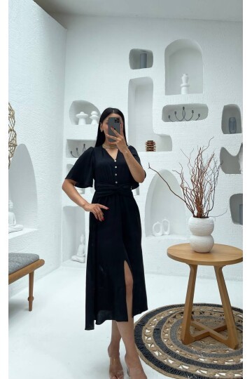 3484-SİYAH V YAKA DÜĞME DETAYLI ELBİSE