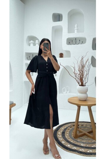 3484-SİYAH V YAKA DÜĞME DETAYLI ELBİSE
