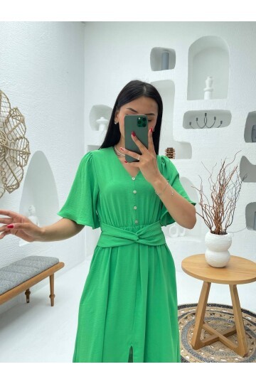 3484-YEŞİL V YAKA DÜĞME DETAYLI ELBİSE