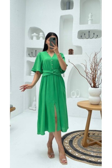 3484-YEŞİL V YAKA DÜĞME DETAYLI ELBİSE