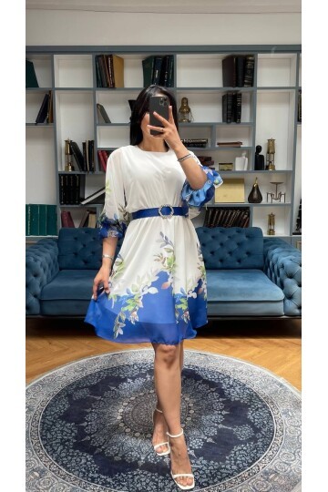 3485-BEYAZ YUVARLAK KEMER DETAY ALTI SULU ELBİSE