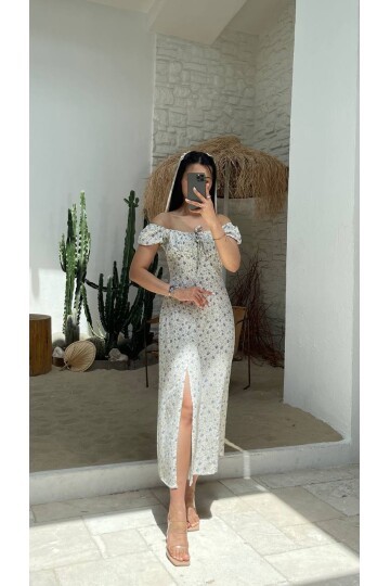 3501-ÇİÇEK DESEN ÖNDEN YIRTMAÇLI ELBİSE