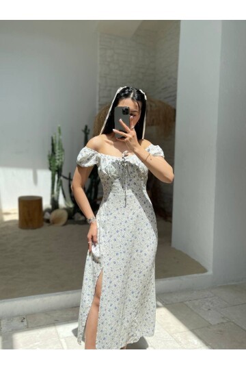 3501-ÇİÇEK DESEN ÖNDEN YIRTMAÇLI ELBİSE