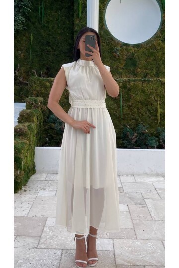 3509-BEYAZ KEMERİ TAŞ DETAYLI ŞİFON ELBİSE