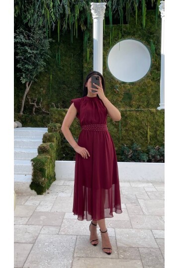 3509-BORDO KEMERİ TAŞ DETAYLI ŞİFON ELBİSE
