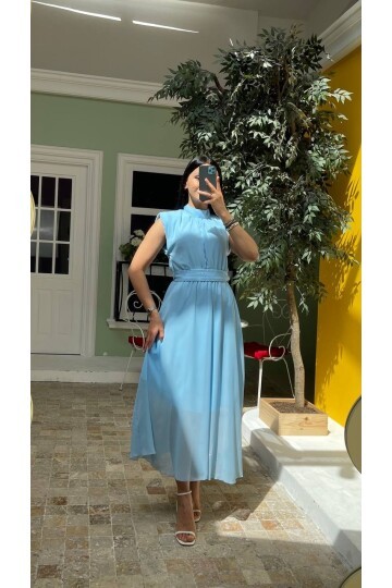 3509-MAVİ KEMERİ TAŞLI ŞİFON ELBİSE