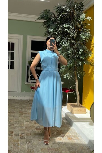 3509-MAVİ KEMERİ TAŞLI ŞİFON ELBİSE