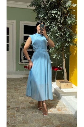 3509-MAVİ KEMERİ TAŞLI ŞİFON ELBİSE