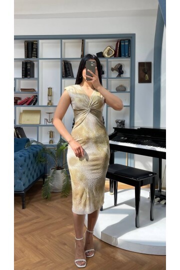 3510-OLİV KARMAŞIK DESEN ÖNÜ DÜĞÜMLÜ ELBİSE