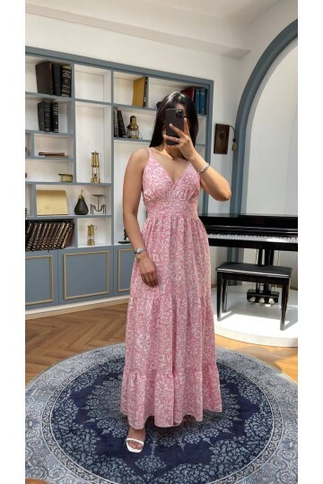 3517-PEMBE SIFIR KOL ÇITIR DESEN ELBİSE