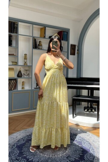 3517-SARI SIFIR KOL ÇITIR DESEN ELBİSE