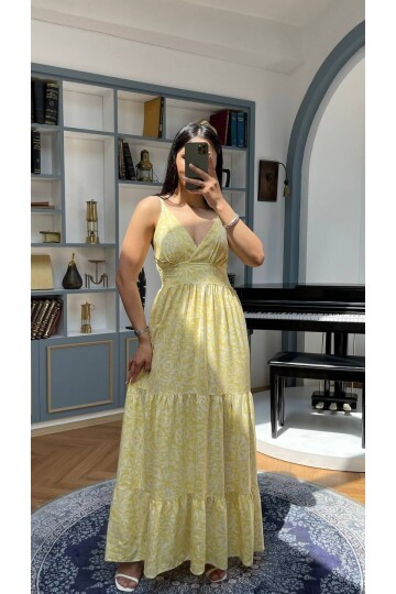 3517-SARI SIFIR KOL ÇITIR DESEN ELBİSE