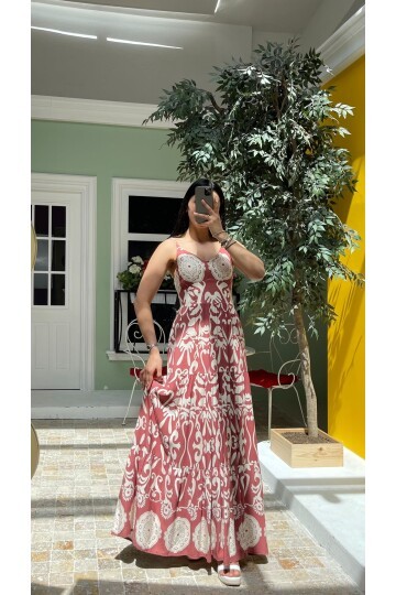 3518-PUDRA ETNİK DESEN ALTI SULU ELBİSE