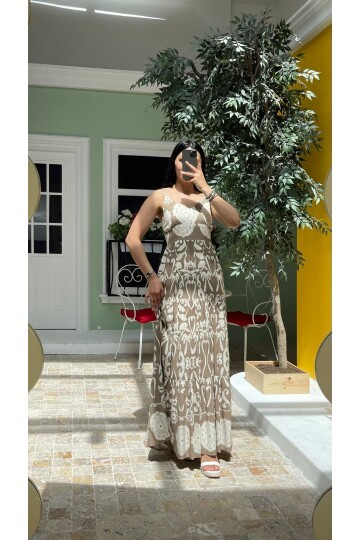 3518-VİZON ETNİK DESEN ALTI SULU ELBİSE