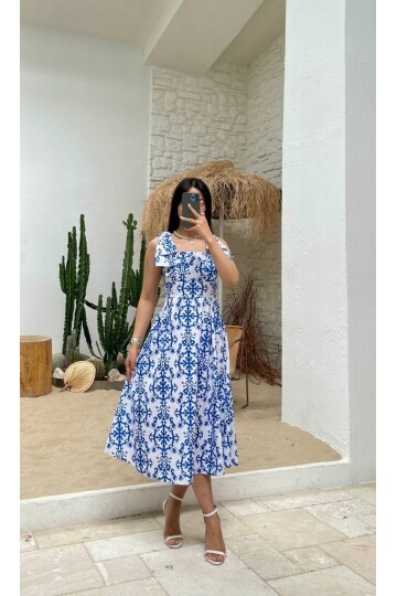 3519-ÇİÇEK DESEN MAVİ ELBİSE