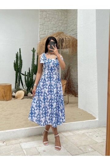 3519-ÇİÇEK DESEN MAVİ ELBİSE