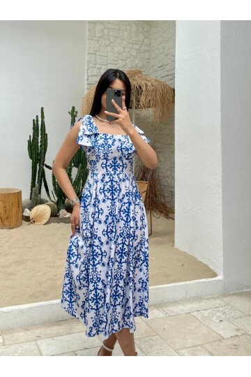 3519-ÇİÇEK DESEN MAVİ ELBİSE