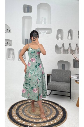 3520-ÇİÇEK DESEN SIFIR KOL ELBİSE