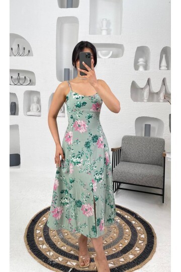 3520-ÇİÇEK DESEN SIFIR KOL ELBİSE