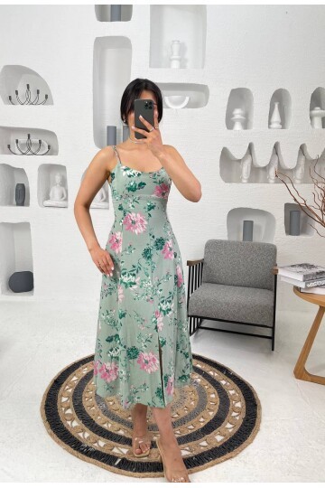 3520-ÇİÇEK DESEN SIFIR KOL ELBİSE