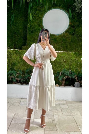 3524-BEJ YALANCI KETEN ELBİSE