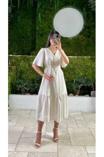 3524-BEJ YALANCI KETEN ELBİSE