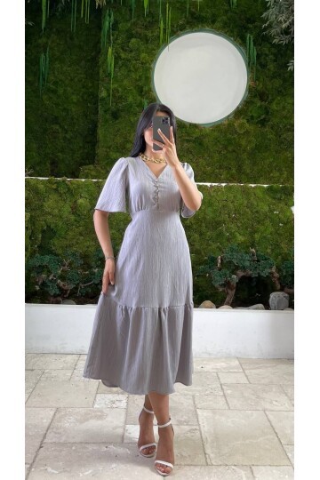 3524-GRİ YALANCI KETEN ELBİSE