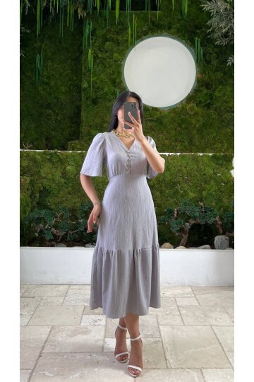 3524-GRİ YALANCI KETEN ELBİSE