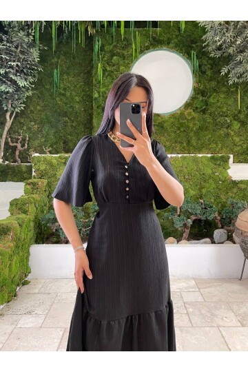 3524-SİYAH YALANCI KETEN ELBİSE