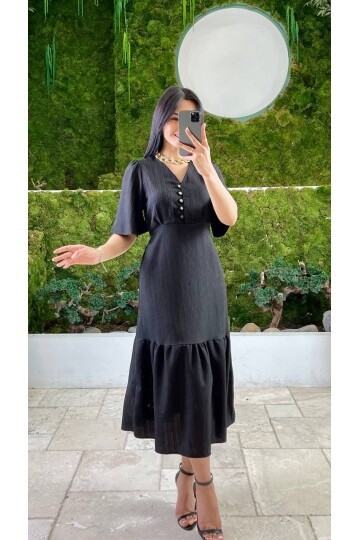 3524-SİYAH YALANCI KETEN ELBİSE