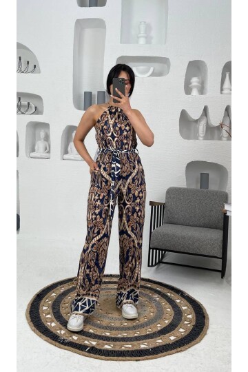 3528-LACİVERT VİSKON KUMAŞ KİLİM DESEN TULUM