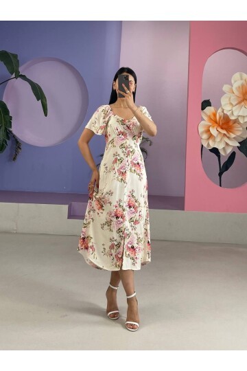 3529-ÇİÇEK DESEN ÖNDEN BAĞLAMALI ELBİSE