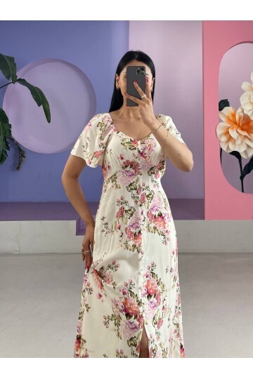 3529-ÇİÇEK DESEN ÖNDEN BAĞLAMALI ELBİSE
