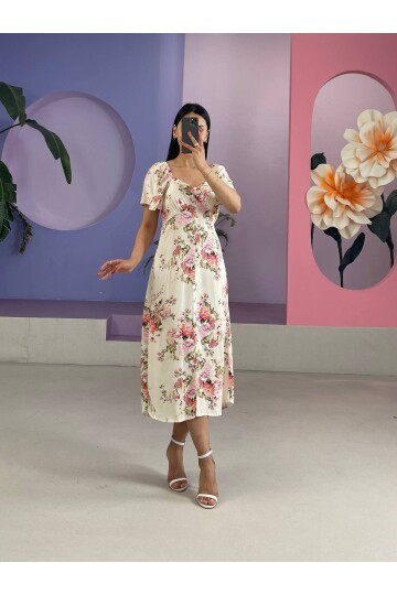 3529-ÇİÇEK DESEN ÖNDEN BAĞLAMALI ELBİSE