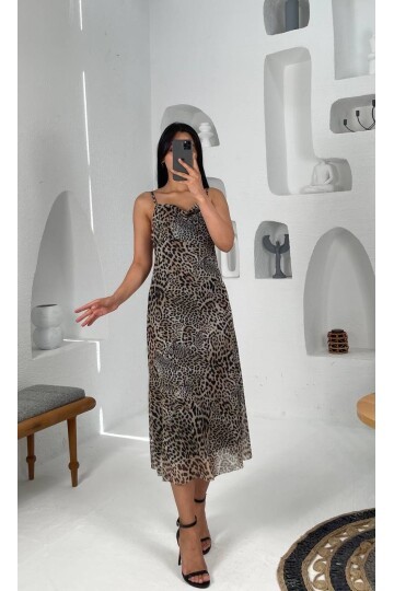 3541-LEOPAR DESEN SIFIR KOL TÜL ELBİSE