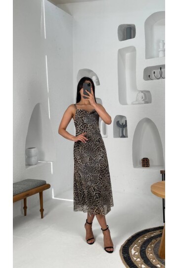 3541-LEOPAR DESEN SIFIR KOL TÜL ELBİSE