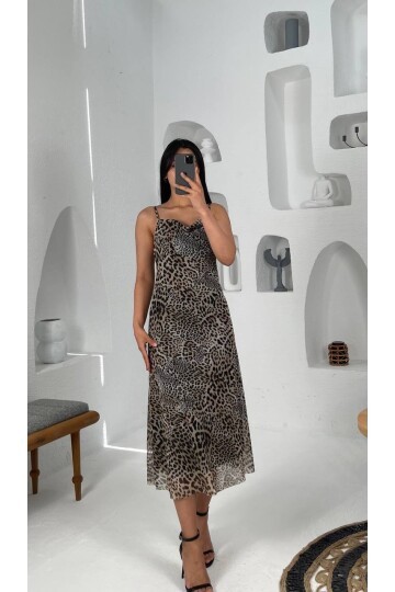 3541-LEOPAR DESEN SIFIR KOL TÜL ELBİSE