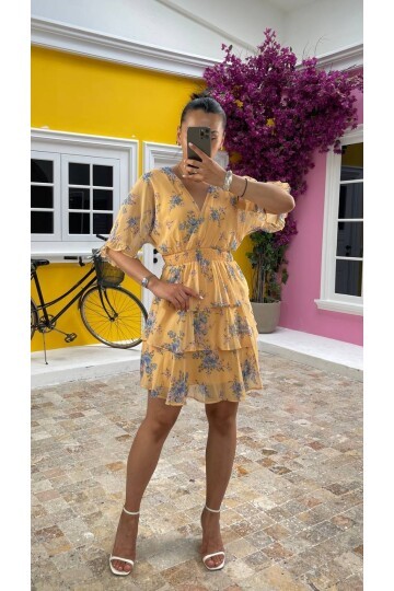 3447-SARI KAT KAT ŞİFON ELBİSE