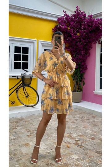 3447-SARI KAT KAT ŞİFON ELBİSE