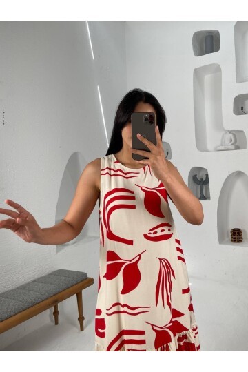 3549-KIRMIZI BÜYÜK YAPRAKLI KISA ELBİSE