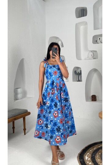 3557-MAVİ ÇİÇEK DESEN POPLİN ELBİSE