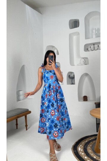 3557-MAVİ ÇİÇEK DESEN POPLİN ELBİSE
