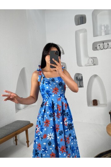 3557-MAVİ ÇİÇEK DESEN POPLİN ELBİSE