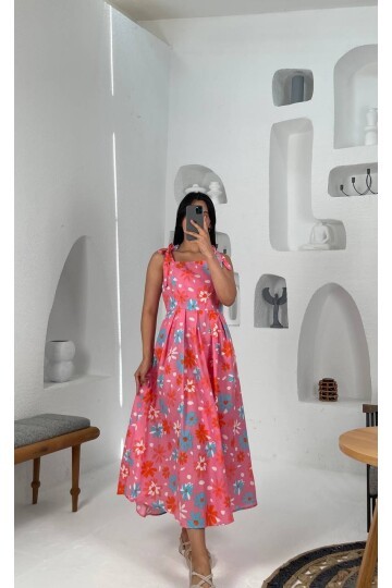 3557-PEMBE ÇİÇEK DESEN POPLİN ELBİSE