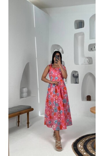 3557-PEMBE ÇİÇEK DESEN POPLİN ELBİSE