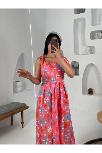 3557-PEMBE ÇİÇEK DESEN POPLİN ELBİSE