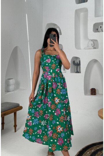 3557-YEŞİL ÇİÇEK DESEN POPLİN ELBİSE