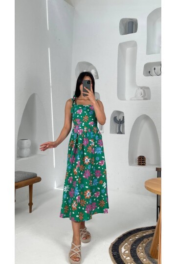 3557-YEŞİL ÇİÇEK DESEN POPLİN ELBİSE