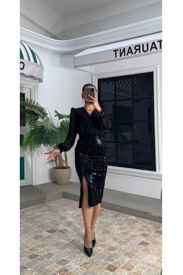 3594-SİYAH ÜSTÜ ŞİFON ETEĞİ PULPAYET ELBİSE